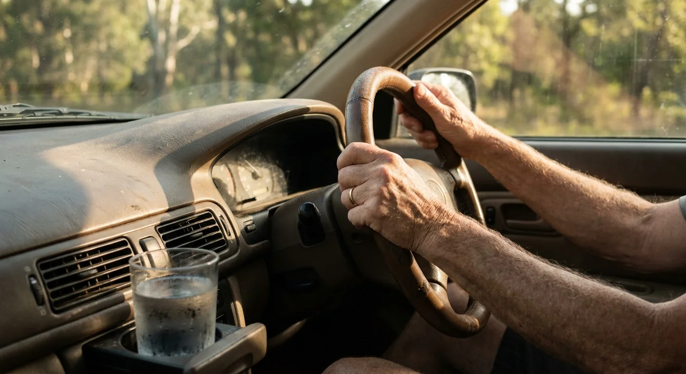 Close-up of a senior's hands on a steering wheel while driving through a sunlit neighborhood.