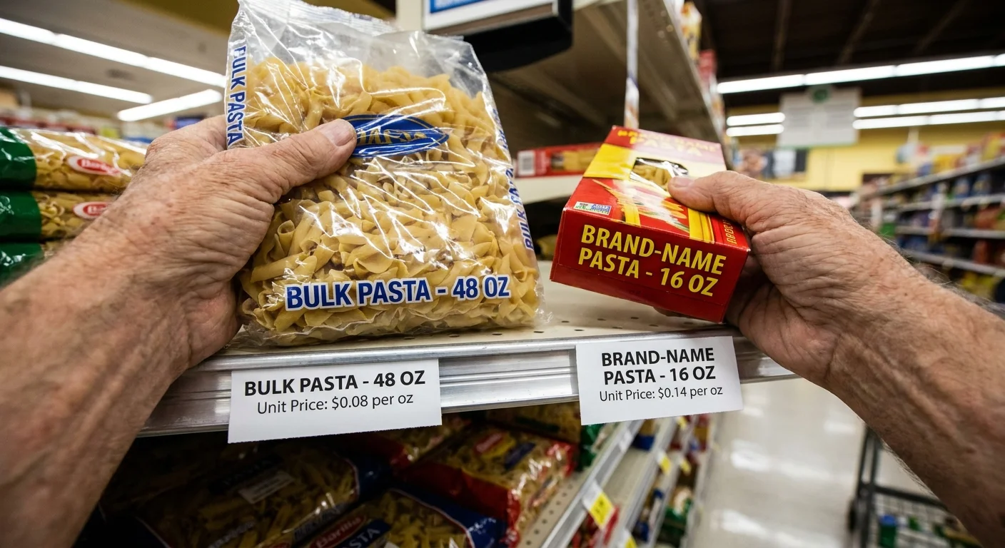 Close-up of hands comparing unit price labels on a grocery store shelf, showing the difference between $0.08 and $0.14 per ounce.
