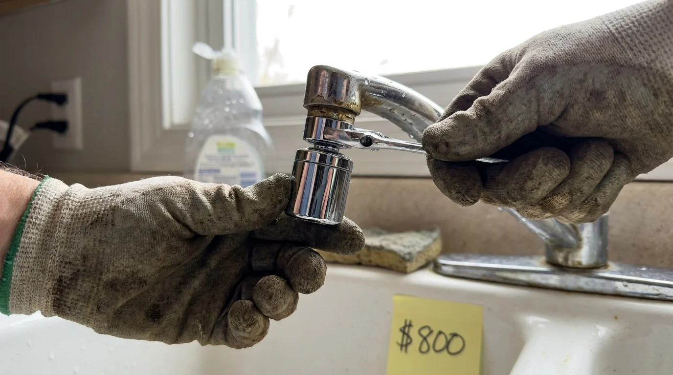 Close-up of hands installing a water aerator on a kitchen faucet, with a note mentioning 800 dollars in potential savings.
