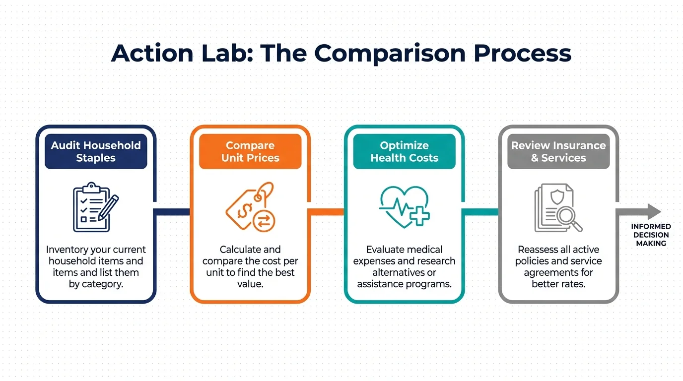 Horizontal flowchart showing the four steps of the Action Lab: Audit, Compare, Optimize, and Review.