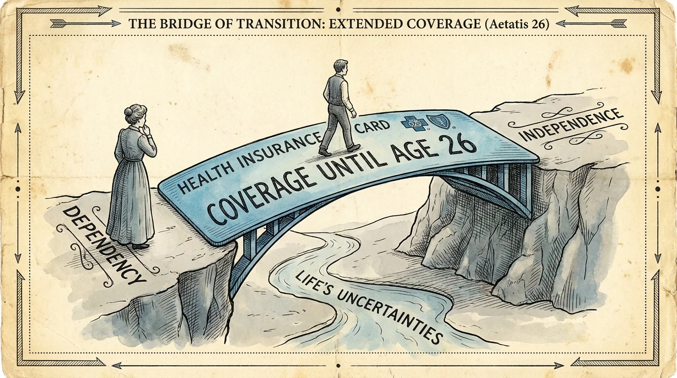 Illustration of a health insurance card serving as a bridge for an adult child to reach independence.