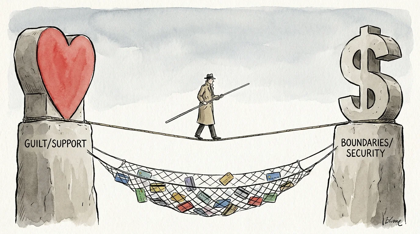Illustration of a person walking a tightrope between a heart and a dollar sign.