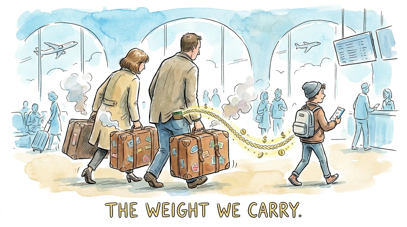 Illustration of parents carrying heavy suitcases while their adult child walks ahead at an airport.
