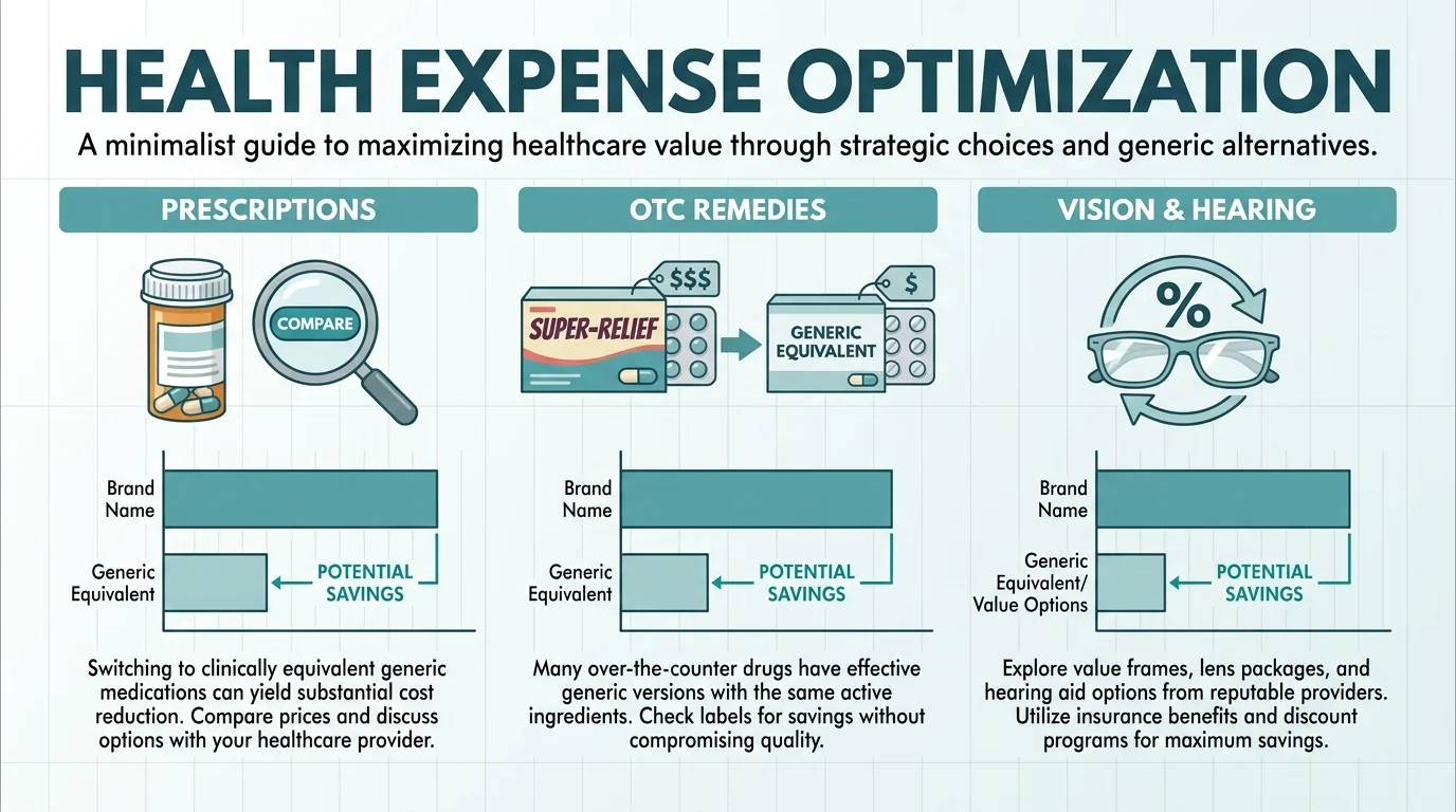 Infographic comparing health expenses across three categories: prescriptions, over-the-counter remedies, and vision/hearing gear.