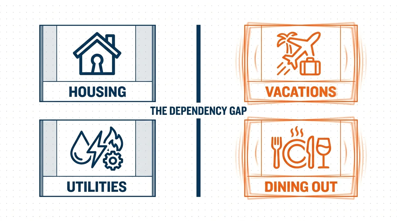 Infographic comparing stable living costs like housing with variable lifestyle costs like vacations.