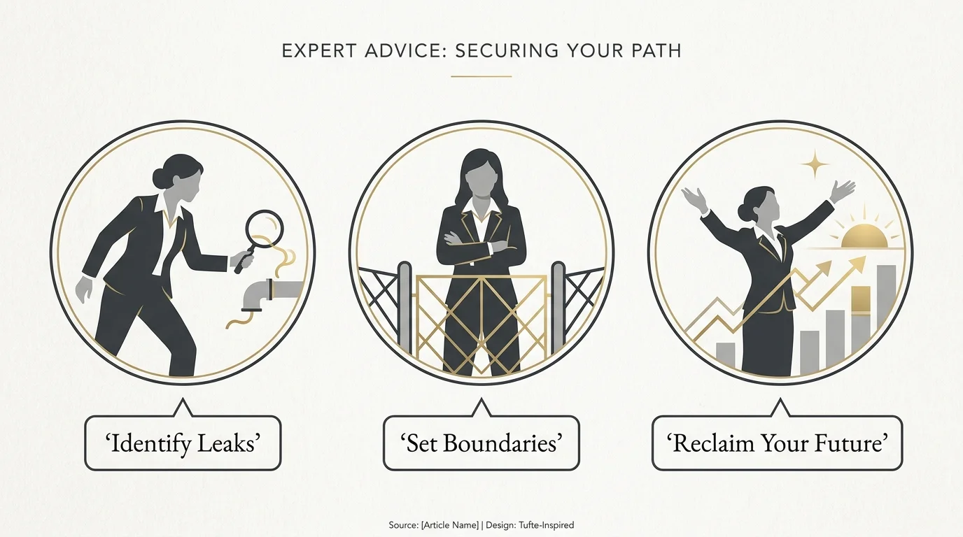 Infographic featuring three expert icons with the advice: Identify Leaks, Set Boundaries, and Reclaim Your Future.