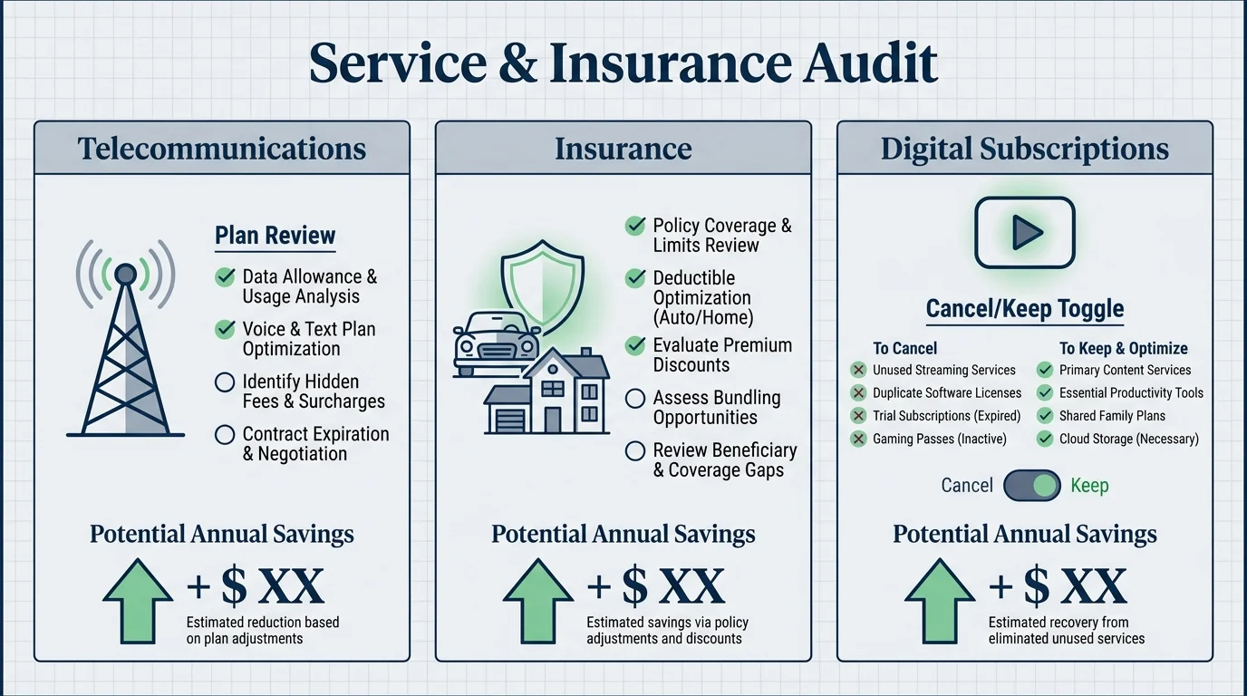 Infographic showing an audit checklist for telecommunications, insurance policies, and digital subscriptions.