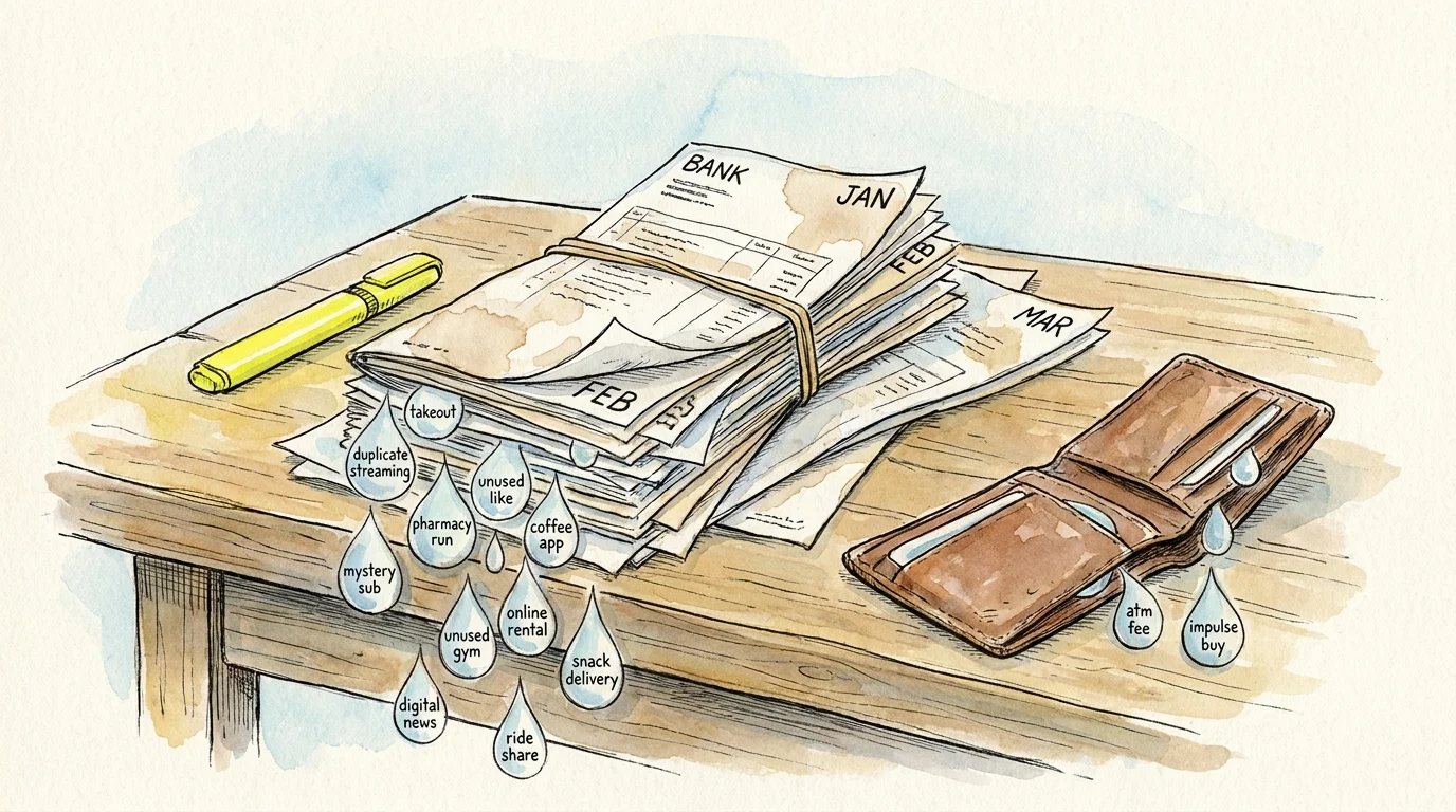 Ink and watercolor drawing of bank statements on a table with blue droplets representing cash leaks labeled 'takeout' and 'pharmacy'.