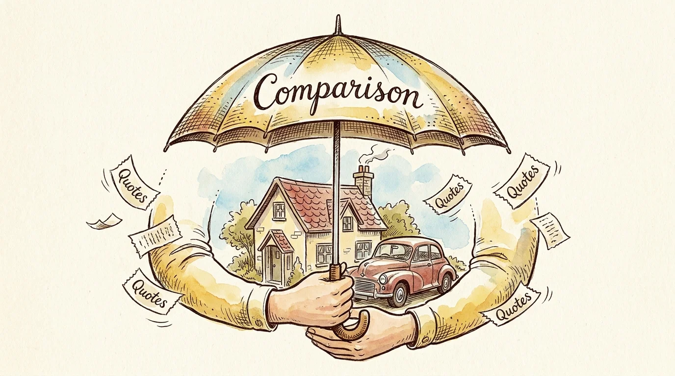 Ink and watercolor illustration of a house and car under an umbrella labeled 'Comparison', representing insurance savings.