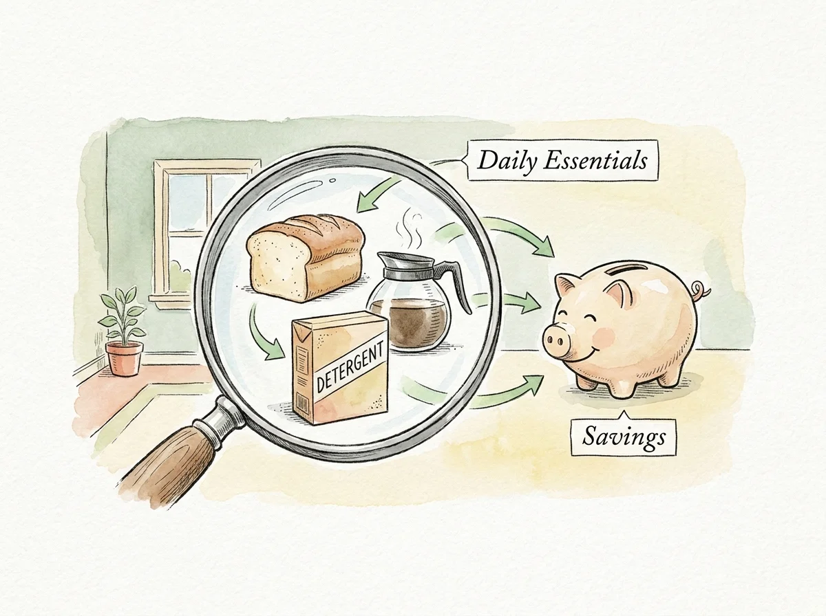 Ink and watercolor illustration of a magnifying glass examining household staples to find hidden savings.