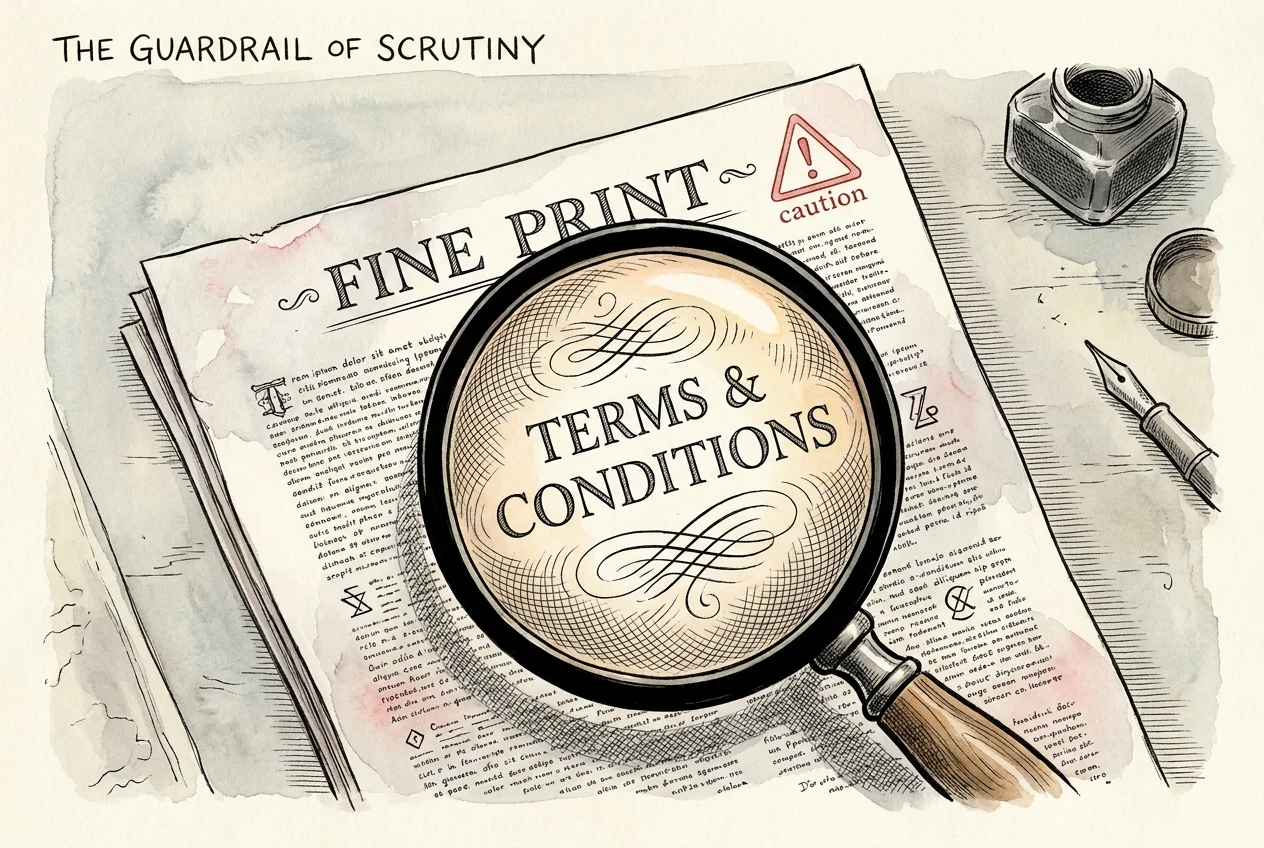 Ink and watercolor illustration of a magnifying glass examining the 'Fine Print' and 'Terms & Conditions' of a document.