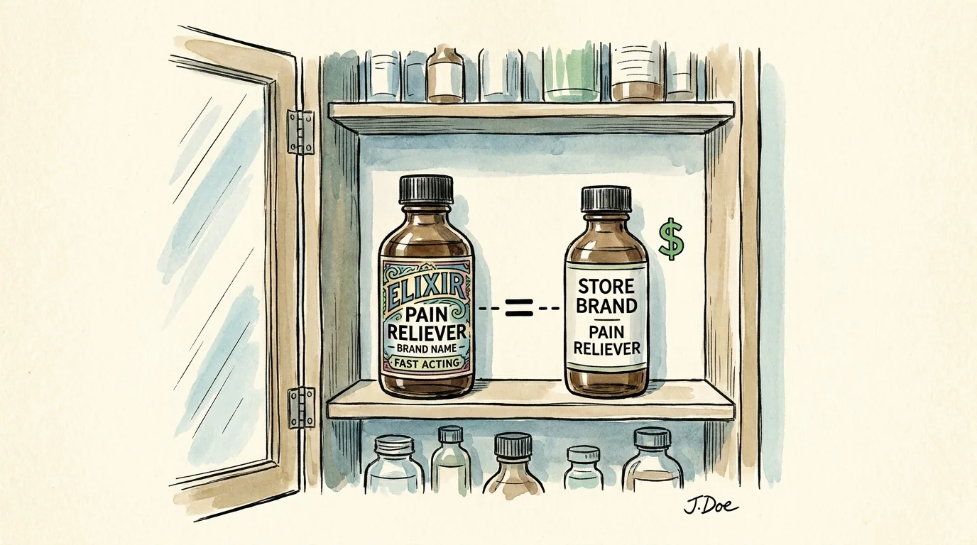 Ink and watercolor illustration of a medicine cabinet showing a brand-name bottle and a store-brand bottle as equal equivalents.