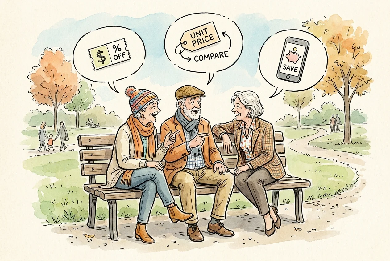 Ink and watercolor illustration of three seniors sitting on a park bench and sharing shopping tips represented by icons in speech bubbles.