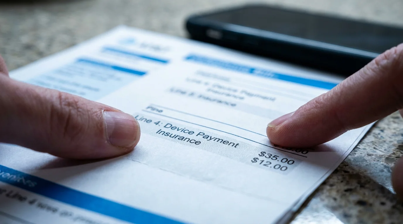 Macro photo of a cell phone bill highlighting device payment and insurance fees.