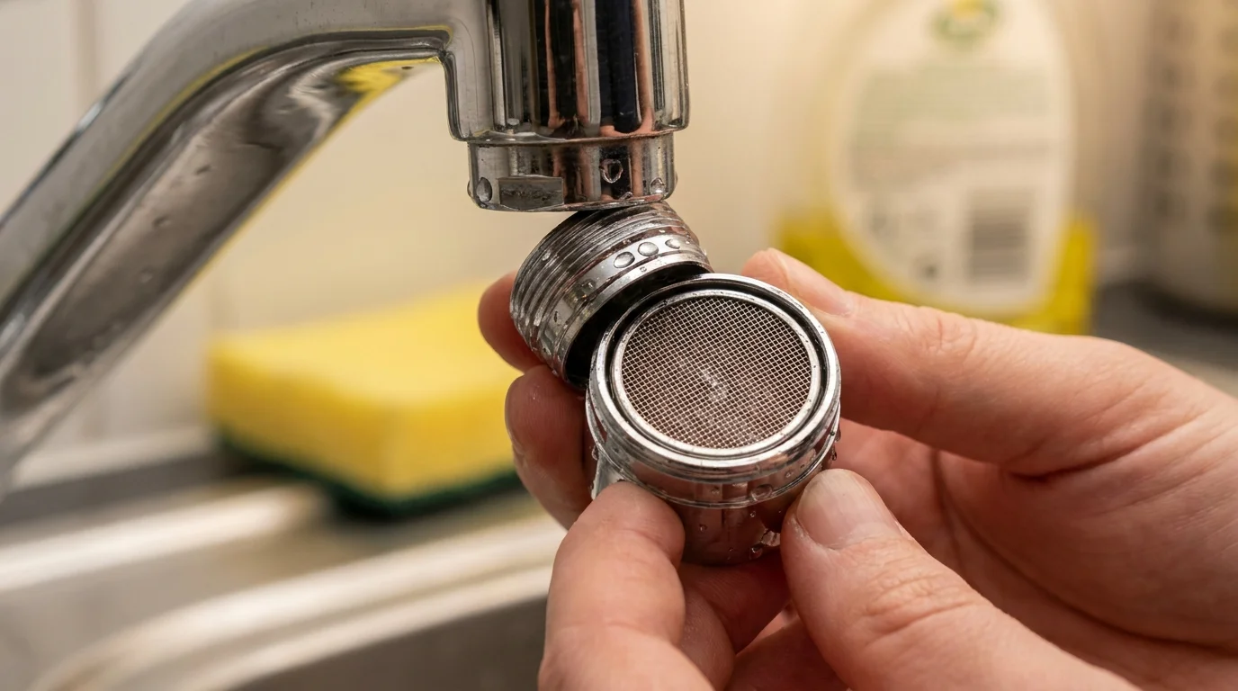 Macro photograph of a person's hands replacing a kitchen faucet aerator.