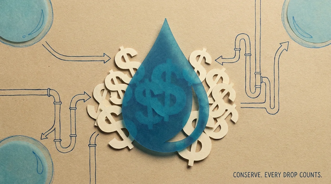 Mixed-media art featuring a blue water droplet and paper-cut dollar signs connected by ink-drawn pipes.