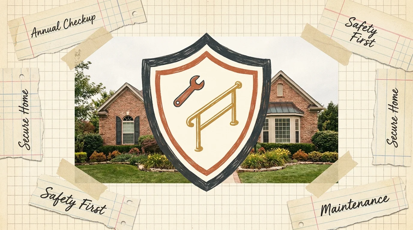 Mixed-media art showing a protective shield over a house, symbolizing proactive maintenance and safety.