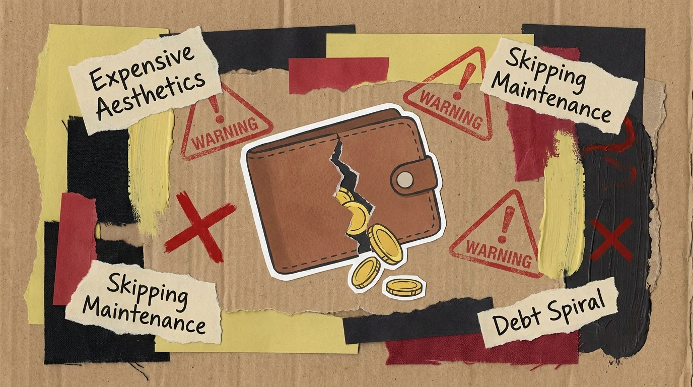 Mixed-media art visualizing financial pitfalls like a leaky wallet and red warning signs.