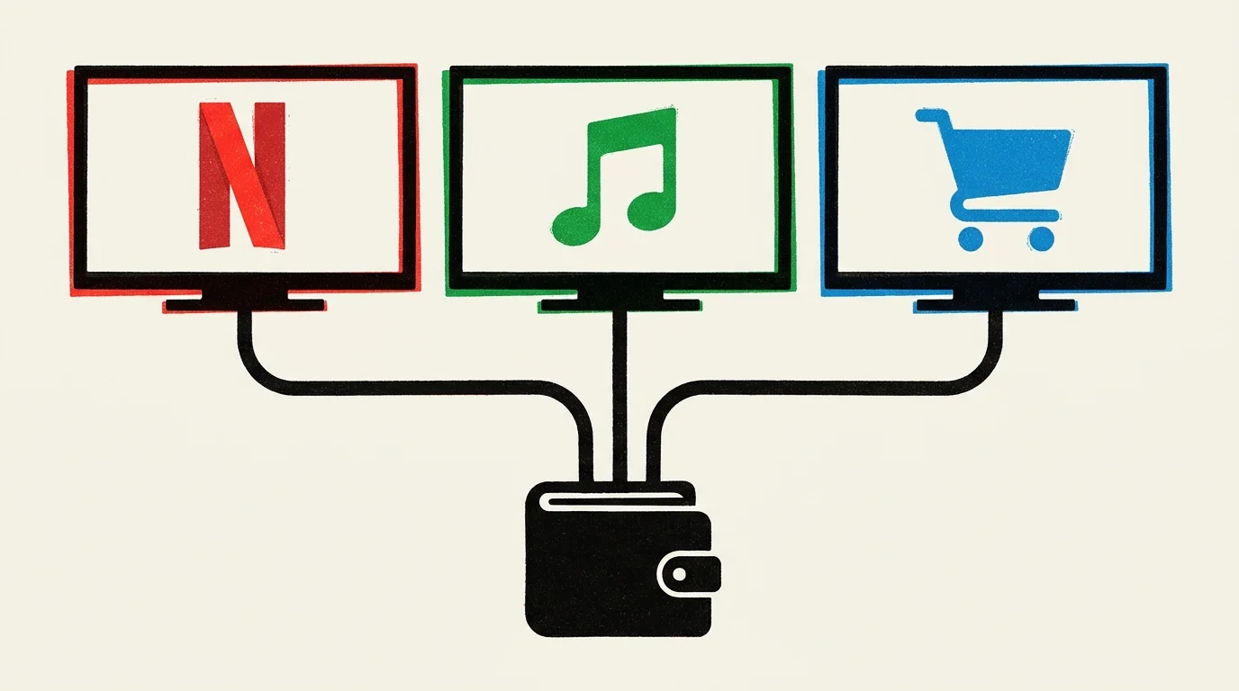 Screenprint illustration showing three TV screens plugged into a single wallet-shaped power outlet.