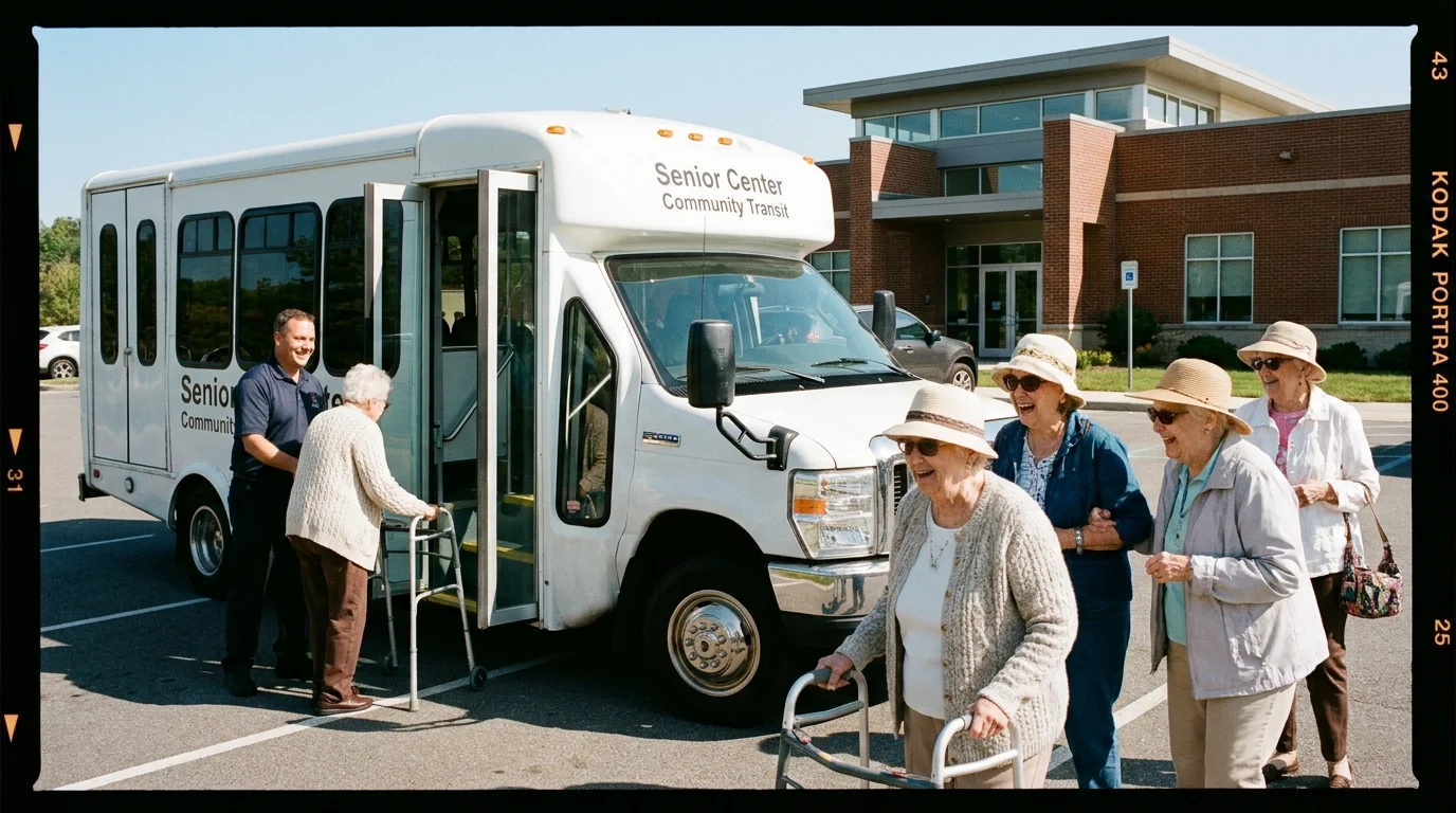 Seniors boarding a community center shuttle bus for a sponsored day trip.
