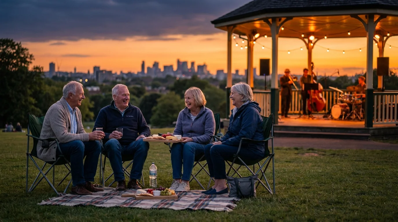 Seniors enjoying an outdoor evening jazz concert in a public park during a vibrant sunset.