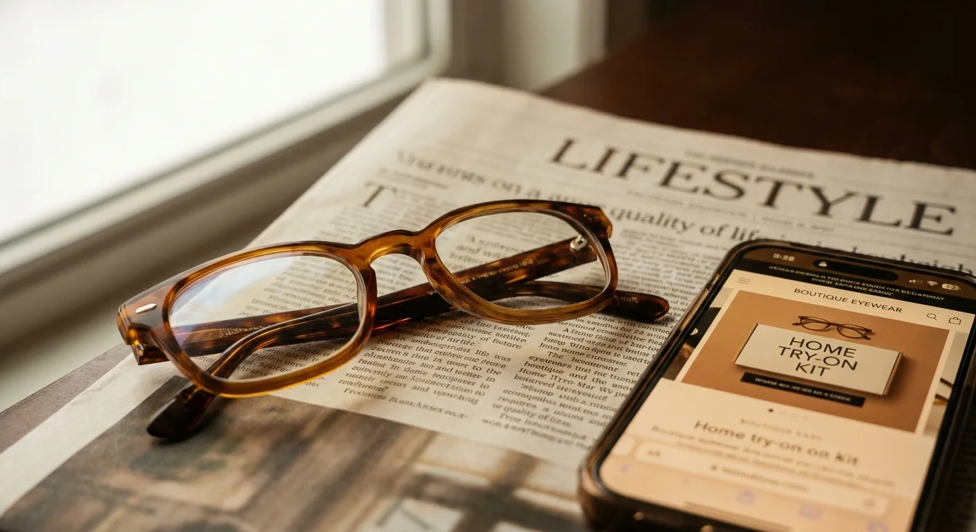 Stylish eyeglasses resting on a newspaper next to a phone showing an online eyewear store.