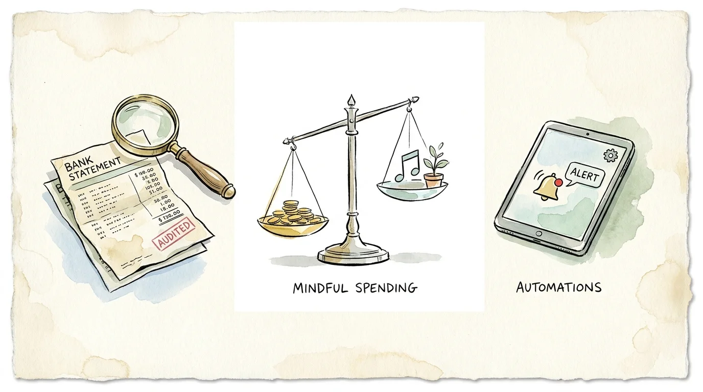 Three watercolor icons representing a bank audit, mindful spending, and digital alerts for free event access.