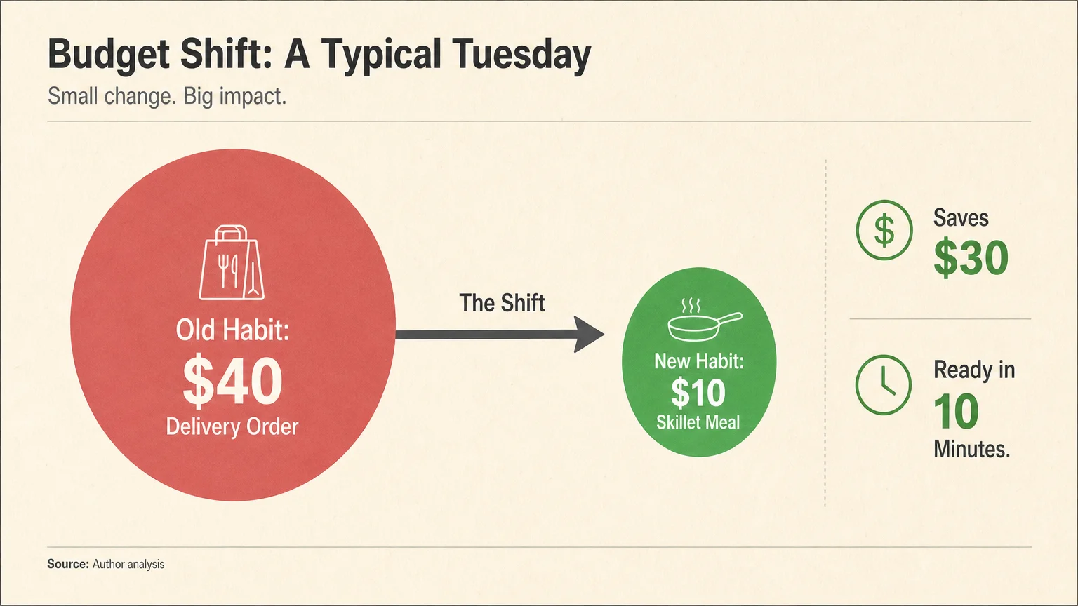 A budget restructuring diagram showing the savings of switching from a 40 dollar delivery to a 10 dollar skillet meal.