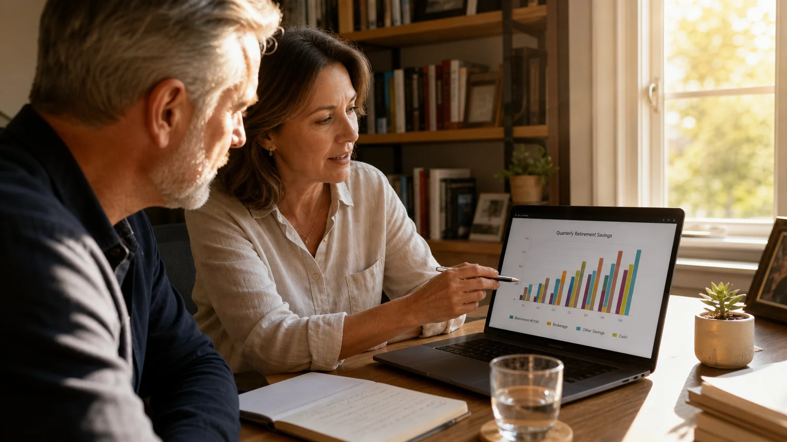 A candid photo of a financial planner and a client looking at a laptop together in a bright, cozy home office.