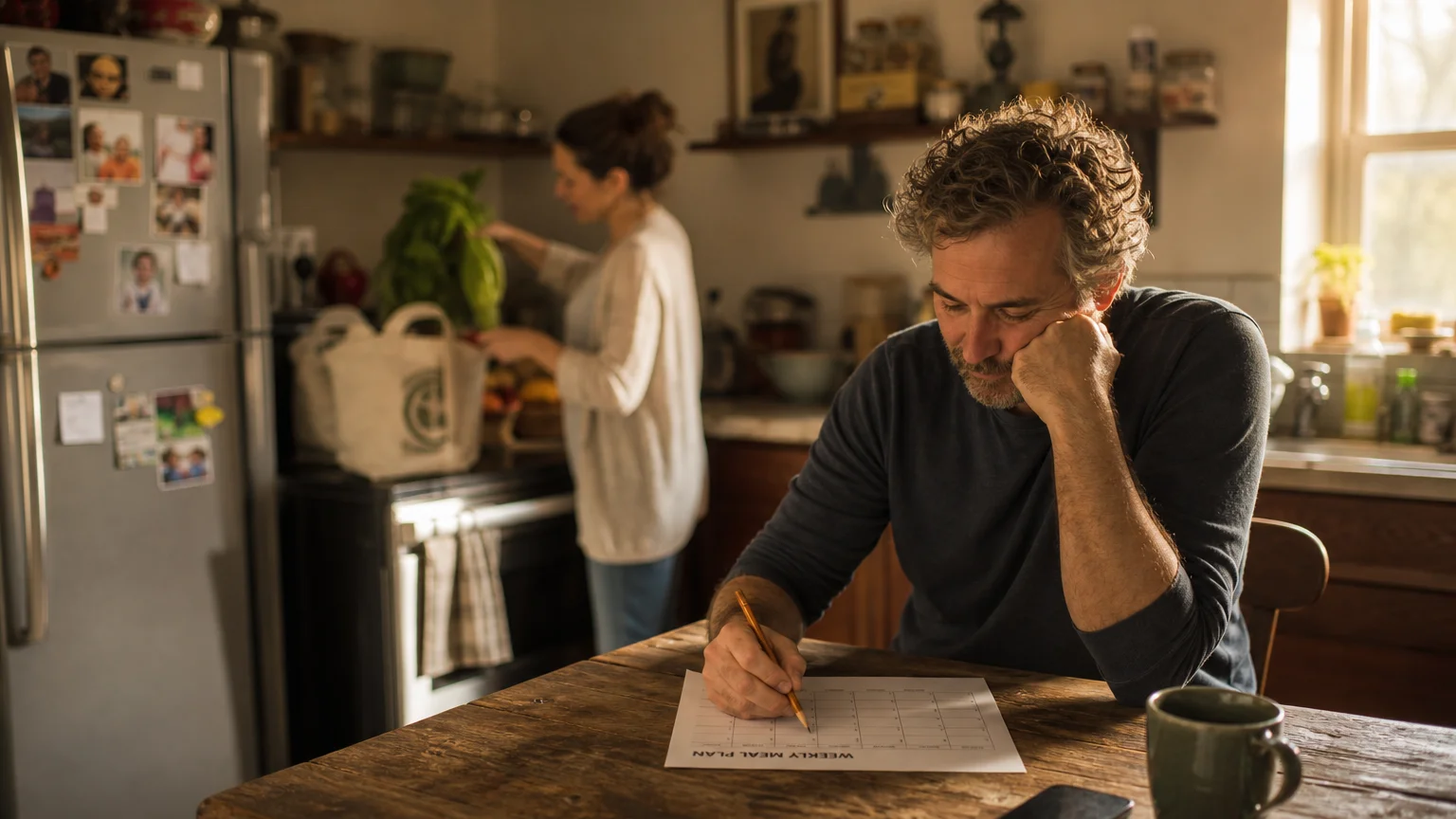 A candid photograph of a couple in their kitchen planning meals and unpacking groceries under warm afternoon light.