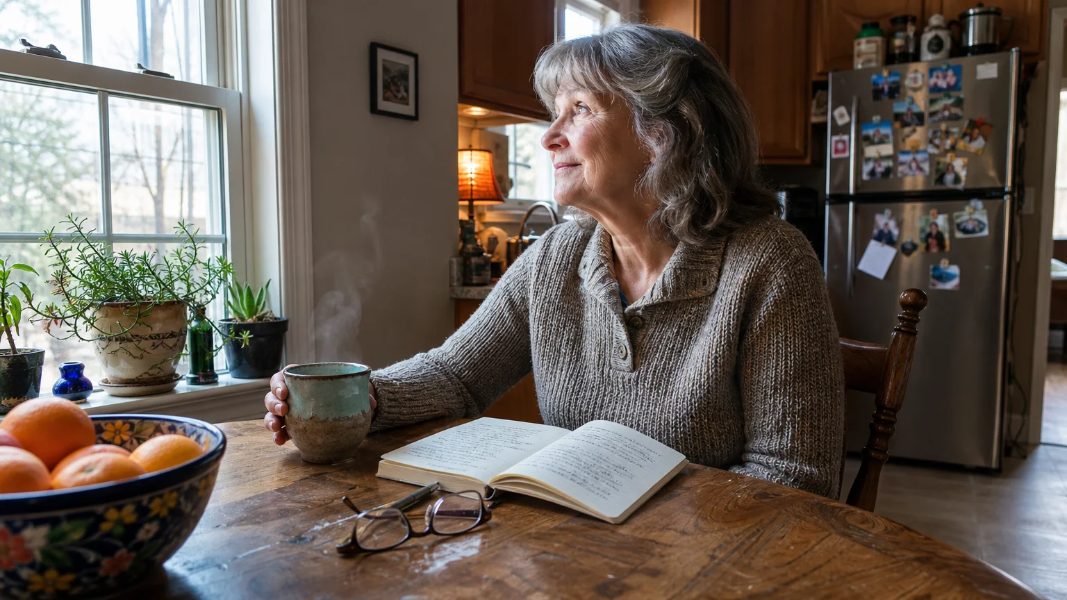 A candid photograph of a retired woman looking thoughtfully out her kitchen window with a warm mug and notebook on the table.