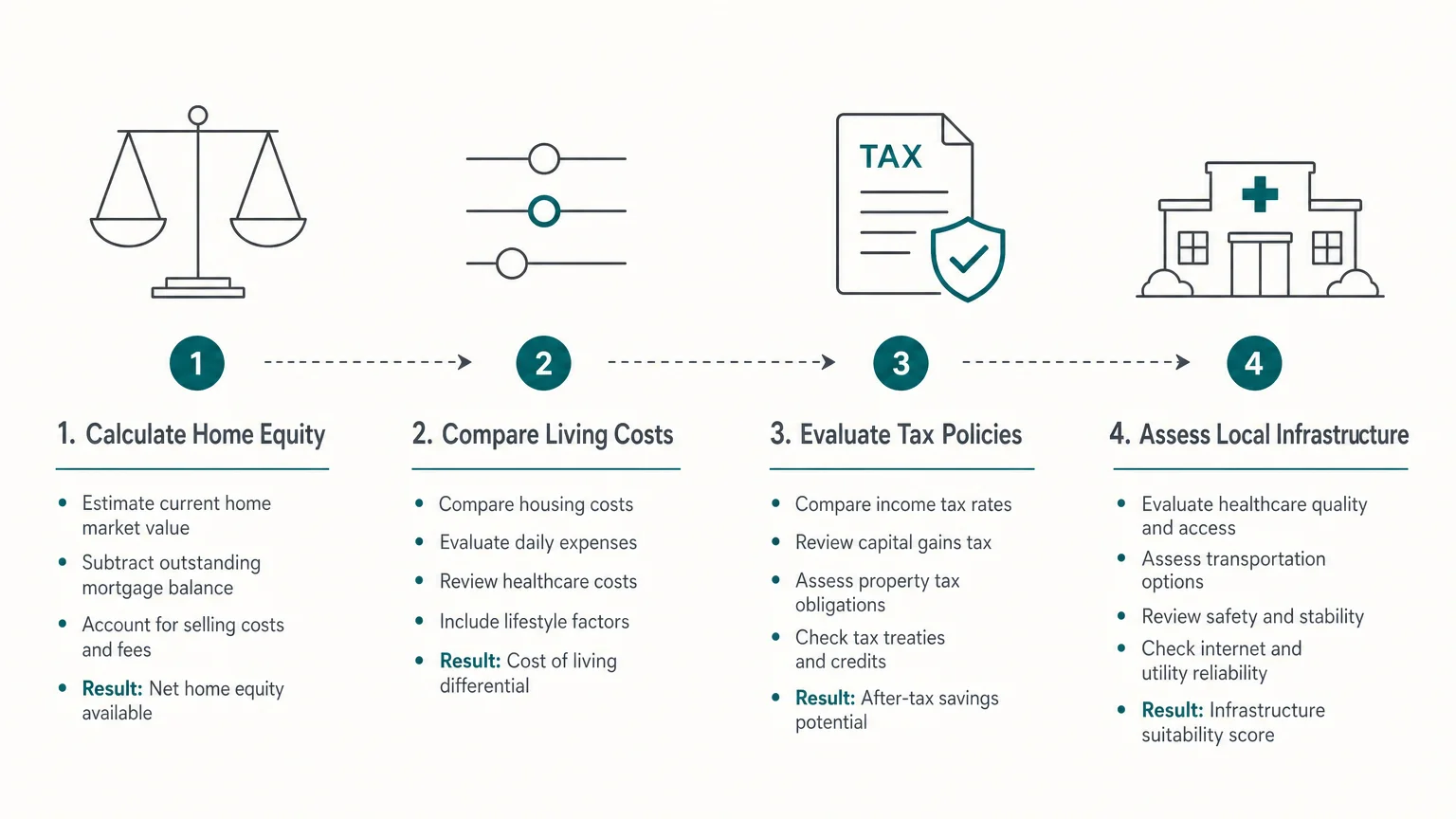 A clean, horizontal 4-step diagram showing the process of conducting a personal geographical arbitrage audit.
