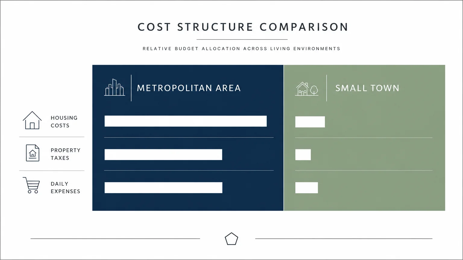 A clean, horizontal comparative infographic showing a dramatic reduction in housing costs and taxes when moving from a metro area to a small