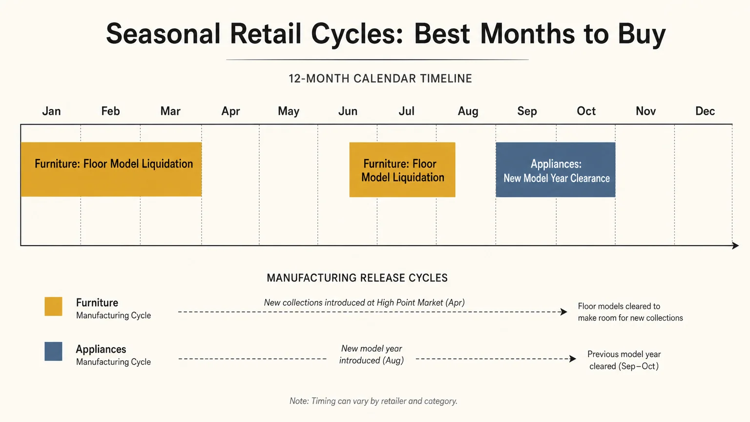A clean horizontal timeline diagram highlighting January and July for furniture, and September and October for appliance clearances.