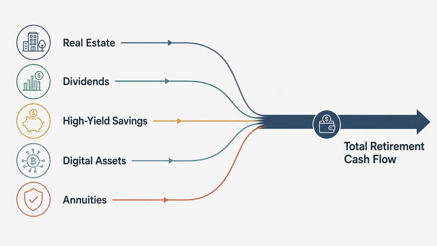 A clean, minimalist diagram showing multiple labeled income streams converging into a single retirement cash flow bar.