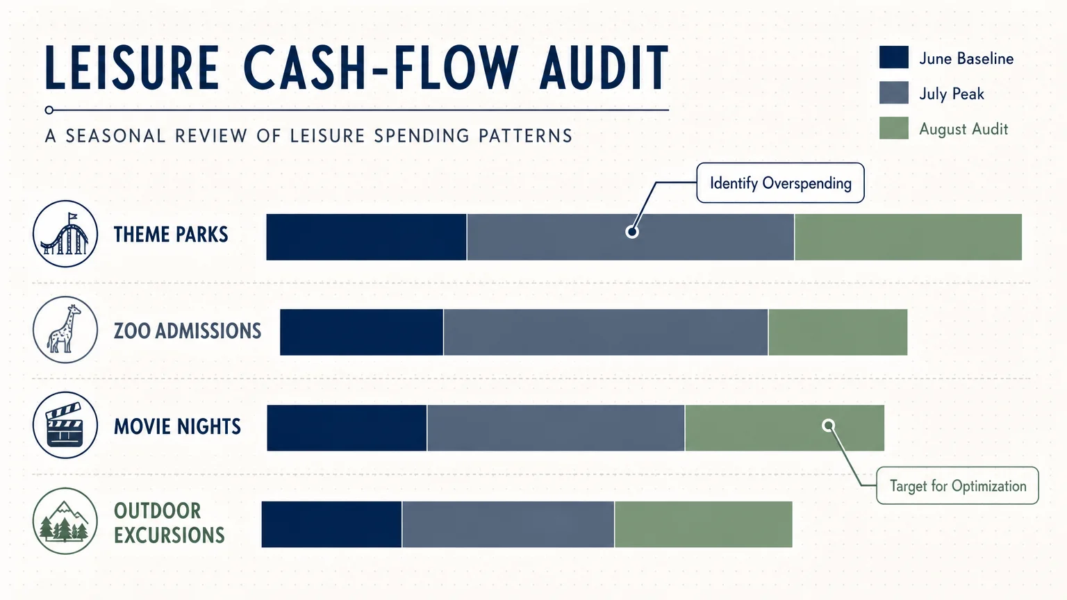 A clean, professional infographic showing a leisure cash-flow audit with categories for theme parks, zoos, and movies.