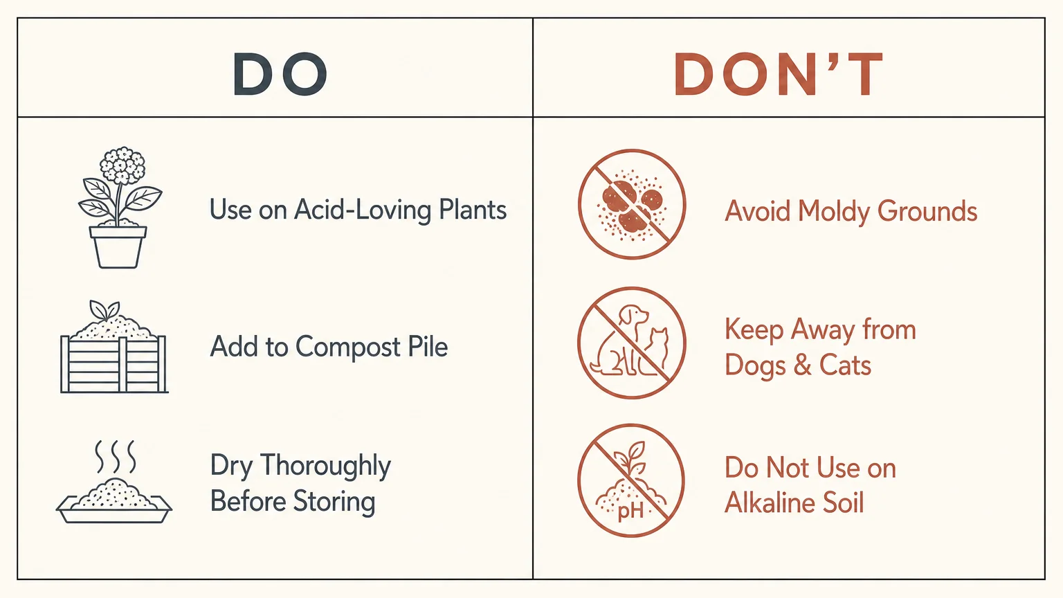 A clean visual chart showing the do's and don'ts of using coffee grounds around the home and garden.