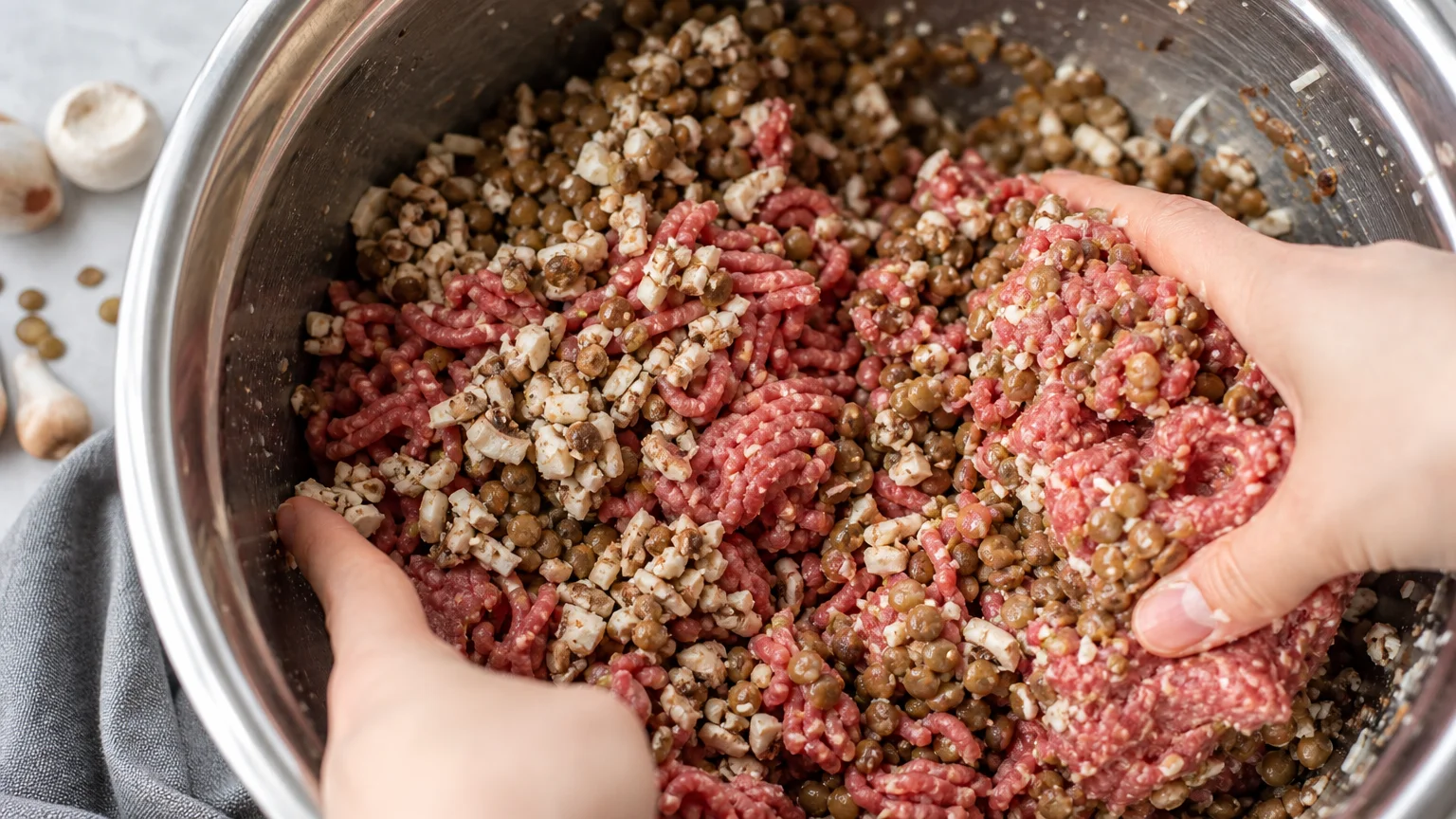 A close-up photo of ground beef being mixed with minced mushrooms and lentils in a bowl to stretch the portion.