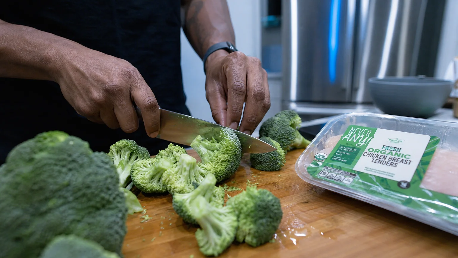 A close-up photo of hands prepping fresh organic broccoli and protein on a cutting board, emphasizing healthy budget staples.