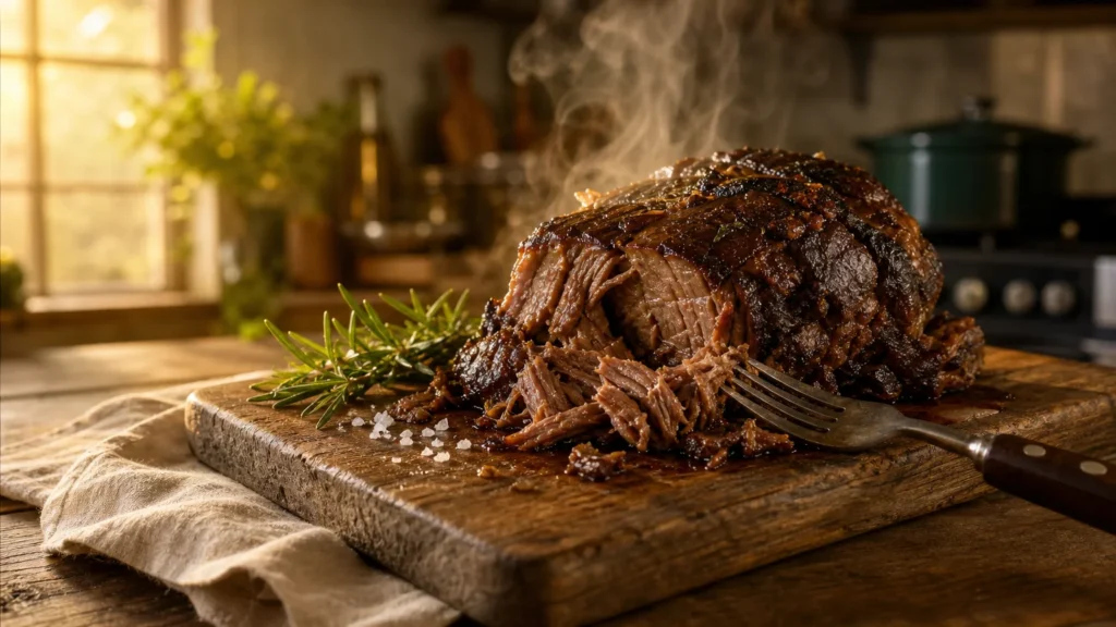 A close-up photograph of a tender, braised beef roast on a wooden board with rosemary, shot in warm afternoon light.
