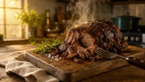A close-up photograph of a tender, braised beef roast on a wooden board with rosemary, shot in warm afternoon light.