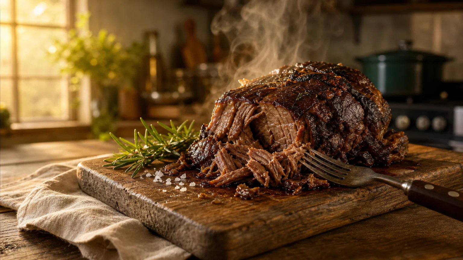 A close-up photograph of a tender, braised beef roast on a wooden board with rosemary, shot in warm afternoon light.