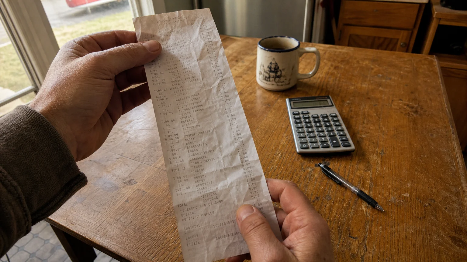 A close-up photograph of hands holding a long, crinkled grocery receipt over a kitchen table, with a calculator in the background.