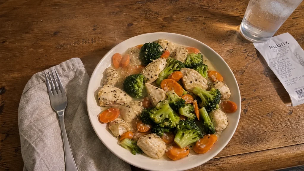 A close-up, real-life photo of a steaming chicken and broccoli frozen meal on a wooden kitchen table, shot in a candid home style.