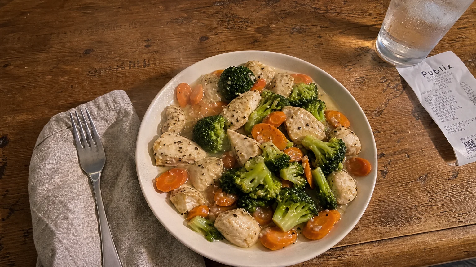 A close-up, real-life photo of a steaming chicken and broccoli frozen meal on a wooden kitchen table, shot in a candid home style.