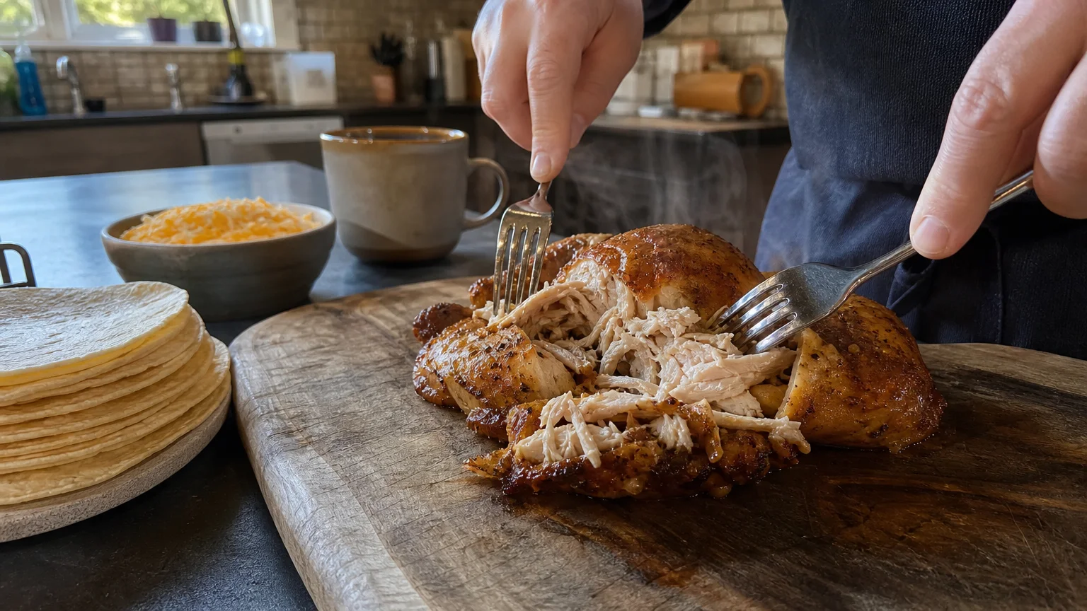 A close-up shot of hands using forks to shred a hot, seasoned rotisserie chicken on a wooden cutting board in a home kitchen.