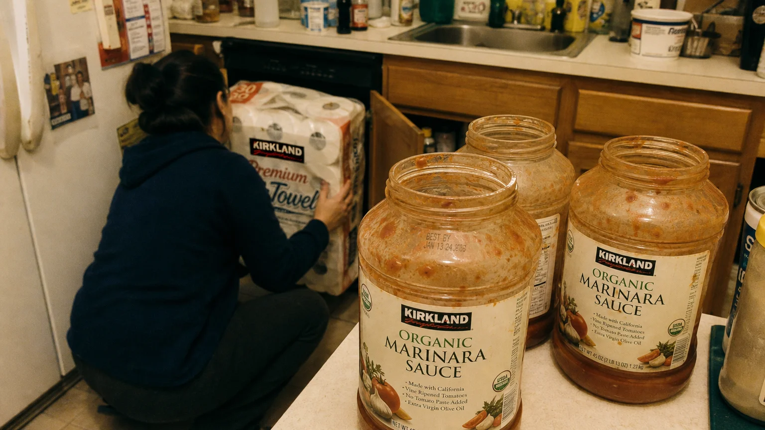 A cluttered kitchen showing the downside of bulk buying with too many open jars and oversized packaging.