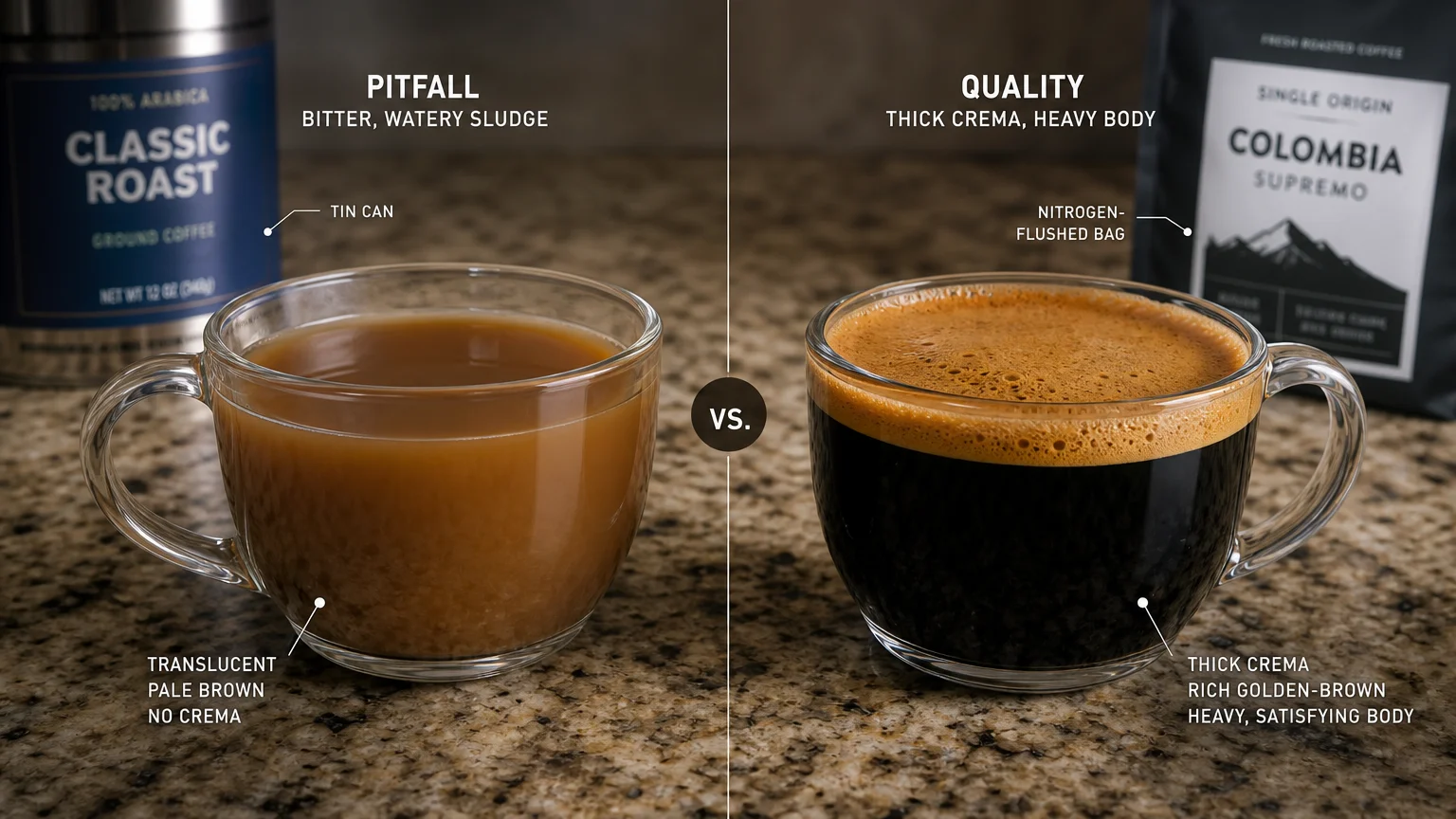 A comparison showing a watery, weak cup of coffee next to a rich, dark cup with thick crema.