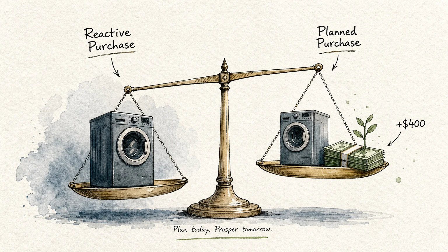 A conceptual balance scale illustration showing the financial weight of reactive purchases versus the growth of a planned purchase.