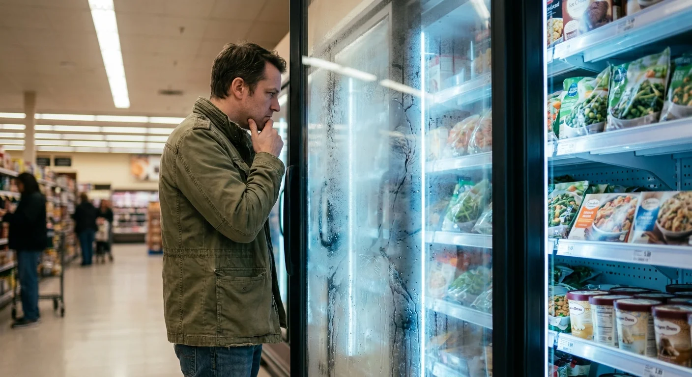 A consumer looking thoughtfully at frozen food options behind a frosted glass freezer door in a grocery store aisle.